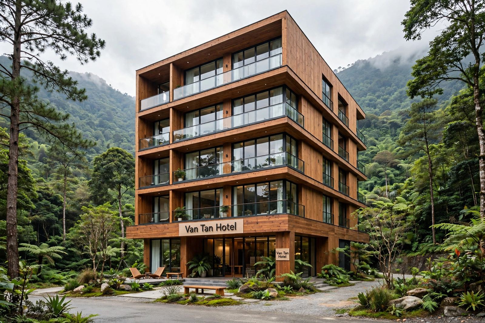 Ngoại thất Văn Tân Hotel – Kiến trúc hộp gỗ hiện đại hòa vào rừng thông Măng Đen, 100% ban công kính view núi